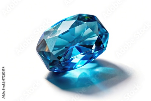 Blue zircon crystal with shadow on white background with selective focus