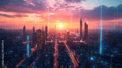 A futuristic city skyline at sunset with glowing lights emanating from the buildings, representing the city's energy and progress.