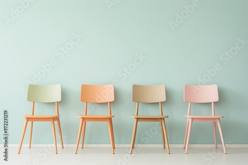 Four pastel-colored chairs arranged in a row against a light teal background, representing minimalist Scandinavian decor.