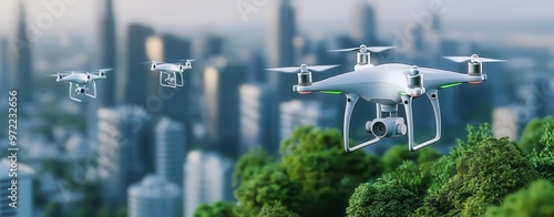 Aerial view of a smart city powered by green energy and connected IoT devices, tech-driven market activities, drones flying overhead, ultramodern design, highly detailed, 8k