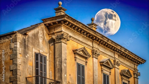 Characteristic and ancient facade of a building in Aversa detail with moon forced perspective