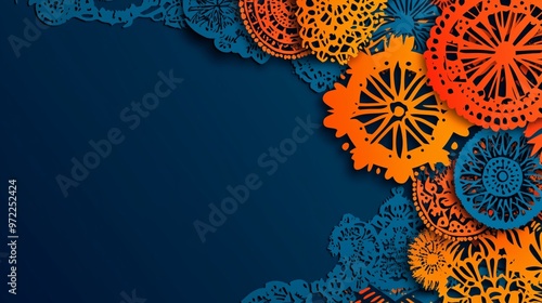 Hispanic heritage month background. Vector banner, poster for social media, networks. Greeting card with copy space. National Hispanic heritage month text, Papel Picado pattern on blue background.