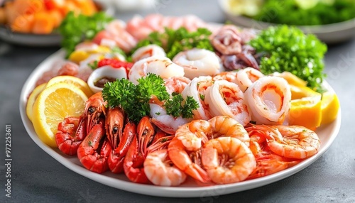 Fresh seafood platter with prawns, shrimp, and lemon on a white plate.