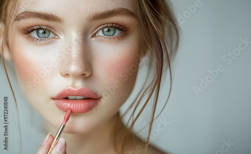 close up portrait of a woman , Young Woman Paint lips Using Pink Natural Lipstick