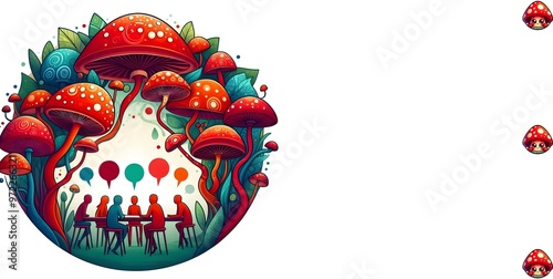 Colorful illustration of mushrooms in a group on white background, 7940 by 4000 pixels horizontal graphic design