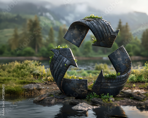 Tire recycling - triangle sign made from black tires