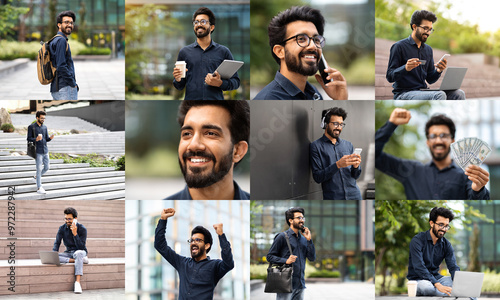 A young Indian man engages in multiple activities outdoors, showcasing a range of emotions and interactions. He is seen working on a tablet, enjoying a drink, and celebrating successes