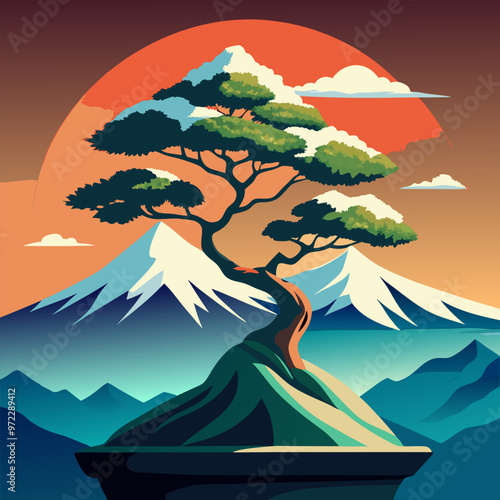 bonzai tree in front of montain with snowy top, vector illustration flat 2