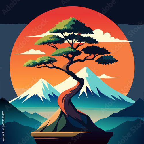 bonzai tree in front of montain with snowy top, vector illustration flat 2