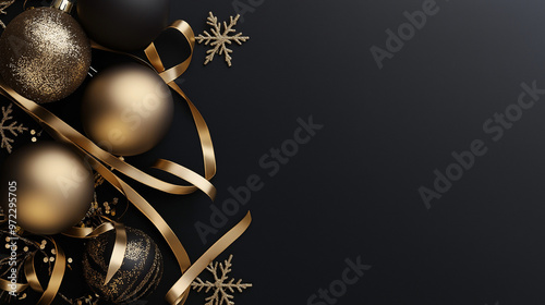 Eleganter weihnachtlicher Hintergrund in Schwarz und Gold. Festliche Motive, luxuriöse Akzente. Ideal für Werbung, Grußkarten, Einladungen. Stilvolle Kombination für exklusive Weihnachtsdesigns