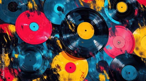 Colorful vinyl records scattered artistically on a vibrant background.