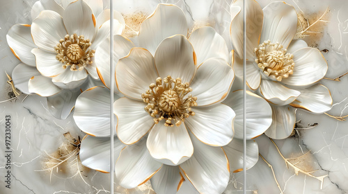 Mesmerizing 3D wall art triptych with lifelike white flowers boasting radiant golden petals, complemented by a polished marble background, elevating any space with its captivating beauty