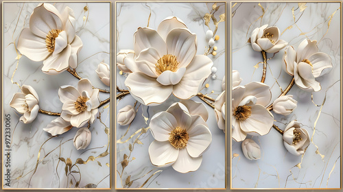 Mesmerizing 3D wall art triptych with lifelike white flowers boasting radiant golden petals, complemented by a polished marble background, elevating any space with its captivating beauty