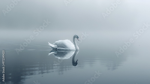 A swan gliding gracefully across a foggy lake