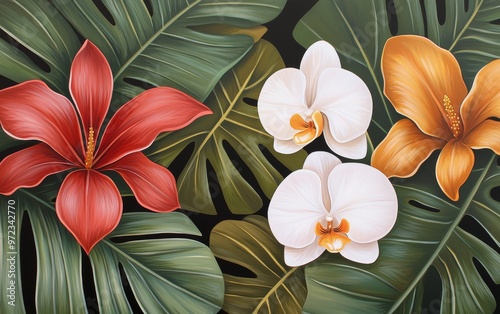 An exotic tropical jungle scene with towering palm leaves and colorful orchids, capturing the essence of springtime renewal