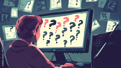 A person at a computer, staring at a screen filled with question marks, representing confusion or technical issues