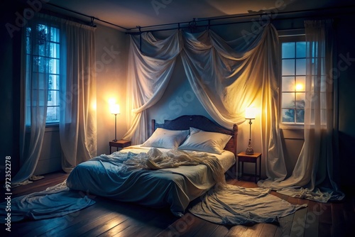 A darkened bedroom scene featuring a empty, rumpled bed with tangled sheets, illuminated only by a sliver of