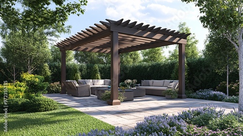 72. 3D modeling of a pergola with elegant seating arrangements under a shaded gazebo, highlighting outdoor architectural design and comfort