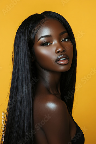 A stunning ebony African model with a long, flowing hairstyle, radiating confidence and grace