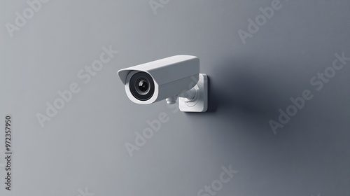 101. 3D vector rendering of a white security camera, mounted discreetly on a street building wall, symbolizing surveillance and privacy protection, isolated on a gray background