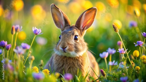 Adorable brown bunny with twitching whiskers and bright curious eyes perches on a sunny meadow, surrounded by vibrant