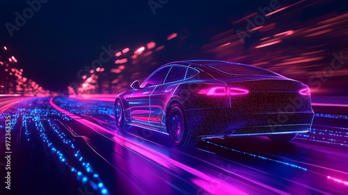 Futuristic car driving on a digital highway with neon light trails.