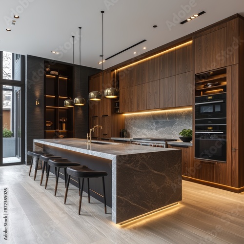 Modern Kitchen Island with Marble Countertop and Walnut Cabinets