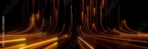 3d render. Abstract background of yellow neon lines ascending. Modern digital wallpaper. Streaming power