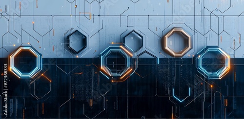 An abstract blue computer technology background has hexagon circuit boards and circles in technology illustrations.