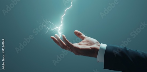 In the hands of a businessman is an electricity light bolt