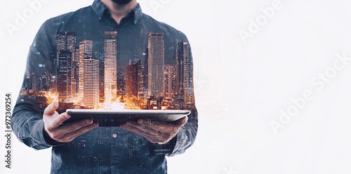 Digital tablet used by a man with a hologram of a modern building. Real estate business and building technology concept.