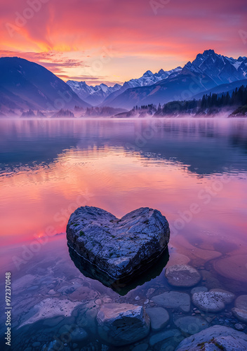 une pierre en forme de coeur dans l'eau d'un lac avec montagnes en arrière-plan à l'aube