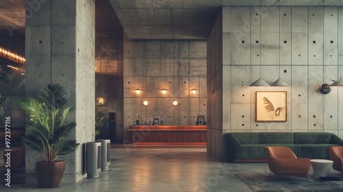 Brutalist hotel lobby with raw concrete walls, industrial lighting, and minimalistic, utilitarian furnishings, creating a cold, impersonal atmosphere. 4K hyperrealistic photo.