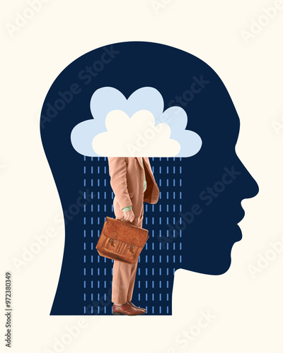 Cloudy thoughts of businessman. Man standing inside head, under cloud with rain, symbolizing mental exhaustion and stress associated with work. Contemporary art. Concept of psychology, mental health