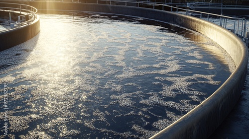 64. Detailed image of a wastewater treatment facility with aeration tanks, capturing the bubbling water and sunlight reflections, showcasing the facility operations