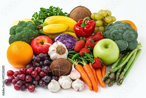 Pile of fresh fruits and vegetables including bananas, coconuts, apples, oranges, strawberries, green beans, tomatoes, garlic, beets, avocados, cabbages, asparagus, carrots