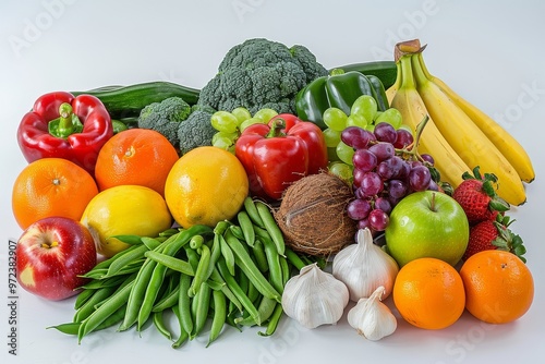 Pile of fresh fruits and vegetables including bananas, coconuts, apples, oranges, strawberries, green beans, tomatoes, garlic, beets, avocados, cabbages, asparagus, carrots