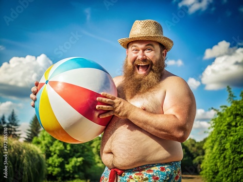 A jovial, overweight gentleman with a bushy beard and festive hat, enthusiastically holding a giant beach ball, exudes