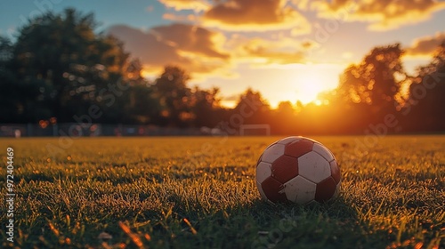 A football lies on the grass as the sun sets in the background, showcasing a serene and picturesque moment perfect for sports enthusiasts and nature lovers.