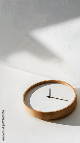 A minimalist clock design features a wooden frame and a simple white face, set against a light backdrop casting soft shadows