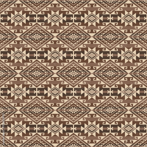 Vintage brown aztec kilim geometric pattern. Vector aztec southwestern geometric shape seamless pattern. Ethnic geometric pattern use for fabric, textile, home decoration elements, upholstery, etc.