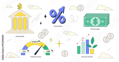 Monetary policy as nation money supply monitoring neubrutalism collection set, transparent background. Labeled elements with central bank institution.