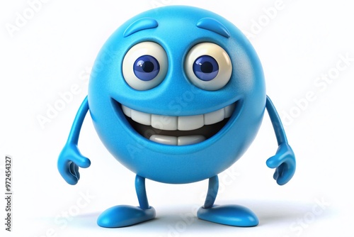 A smiling blue anthropomorphic emoticon character with bright blue eyes and a goofy grin, standing against a white