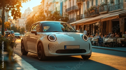 A stylish compact car cruising through a sunlit street lined with cafés in the late afternoon