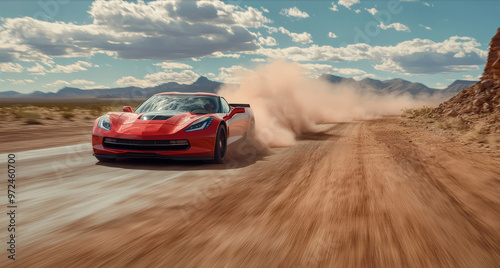 A red Corvette racing down a desert road, dust flying up behind it in a cloud