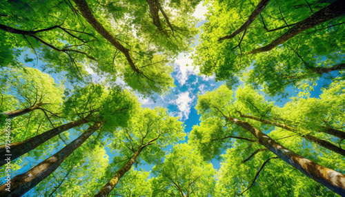 A breathtaking view looking up at lush green tree canopies against a bright blue sky dotted with white clouds.