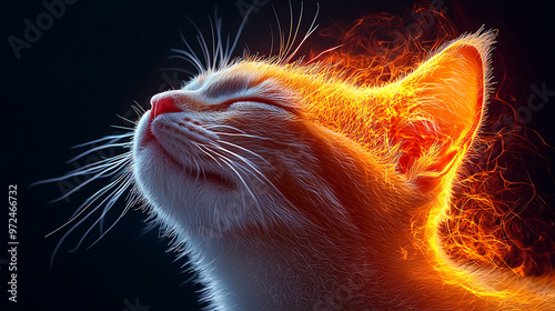 Un gato naranja con los ojos cerrados bajo un efecto de luz naranja