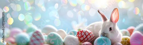 Cute rabbit with colorful Easter eggs on outdoor lawn with light bokeh in the background