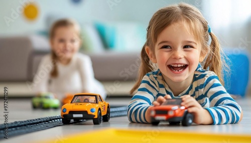 Happy little girl playing with toy cars on the floor.