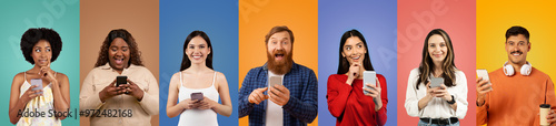 A diverse group of seven men and women of various styles joyfully interacts with their smartphones against vibrant, colorful backgrounds.